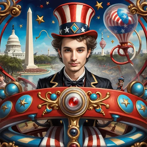 Prompt: (Acrylic painting of a magician man), wearing a (patriotic top hat), joyfully riding a (whimsical rollercoaster) in Liberty Park, with (HD details), vibrant colors, and enchanting motifs. The scene features the (Washington Monument) in the background, as well as the phrase (accurately spelled text "Yankee Doodle"). An aura of celebration and magic surrounds the image, honoring Nuit and the Aeon of Horus.