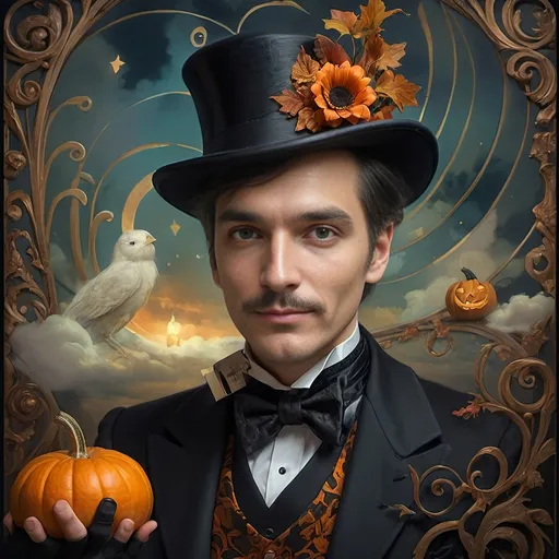 Prompt: (art deco style), vibrant color scheme, man in a top hat holding a pumpkin, still life portrait honoring Nuit, (magician with hat), strong sense of magic, all Hallows' Eve theme, detailed frame, enchanting sky background, ethereal clouds, inspired by Alejandro Burdisio, gothic art influences, (highly detailed digital painting), character portrait, (4K resolution), breathtaking ambiance, whimsical yet eerie vibe.