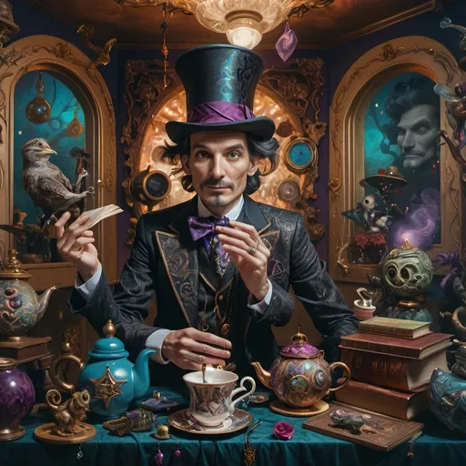 Prompt: (psychedelic still life portrait), a magician jack-in-the-box man, surrounded by (vibrant) teapots and enchanted magical items, items coming to life at a whimsical tea party, an open book exuding shimmering light in front of him, rich jewel tones, swirling patterns, otherworldly atmosphere, 4K, ultra-detailed, dreamlike ambiance.