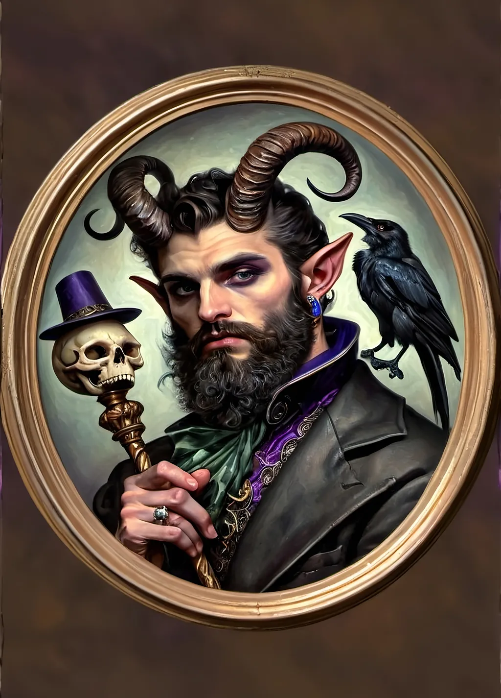 Prompt: a painting of a man magician satyr with horns and a skull in his hand and a crow on his shoulder, with a cane with a scull as orb