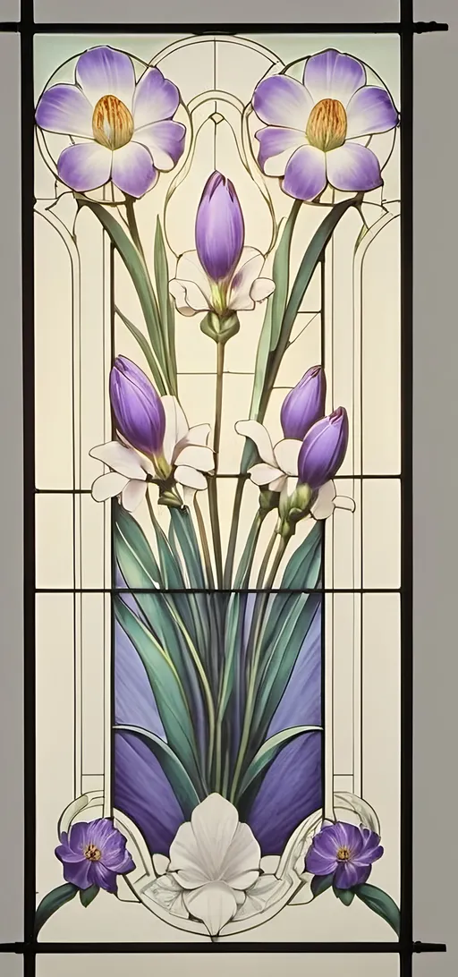 Prompt: Art Deco stained glass window design, (stunning floral patterns), honoring Nuit and Aeon of Horus, vibrant colors blending into delicate imagery, intricate details in glass texture, inspired by the elegance of Art Deco style, (highly detailed), warm ambient light filtering through glass, showcasing the beauty of craftsmanship, 4K quality, perfect for a serene art studio atmosphere.