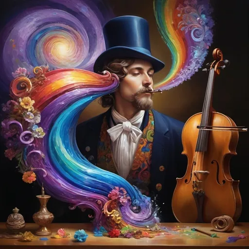 Prompt: art nouveau style, (vibrant colors), painting of a man playing violin, intricate items surrounding him, complex rainbow swirl background, (emotion of harmony and creativity), surreal depiction of sound waves as colors, rhythmic patterns, expressive facial features, ethereal ambiance, whimsical elements, (HD), highly detailed masterpiece.