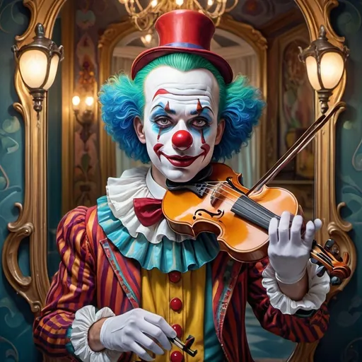 Prompt: (art nouveau style), (vibrant color scheme), clown with a violin in hand, clown face makeup, in front of a mirror, inspired by Anne Stokes, (pop surrealism), highly detailed, (oil painting), fine art painting, intricate patterns, whimsical atmosphere, dramatic lighting, rich textures, ornate background elements, captivating expression, enchanting portrayal, 4K, ultra-detailed.