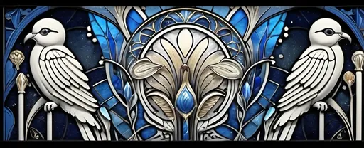 Prompt: A stunning stained glass window design, (Art Nouveau) and (Art Deco), vibrant hues of blue and gold, intricate patterns, celebrating Nuit and the Aeon of Horus, mesmerizing light effects, high detail craftsmanship, elegant motifs, celestial themes, artistic harmony, enchanting atmosphere, ultra-detailed, inviting the viewer into a mystical realm.