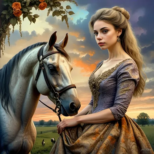 Prompt: (Honoring Nuit), highly detailed (oil painting), thoroughbred horse (majestic posture) on a Kentucky farm, stunning evening dusk lighting, soft illuminated clouds, warm hues of orange and purple blending over fields, rich textures of horse's coat, serene rural landscape (tranquil atmosphere), lush greenery in the background, ultra-detailed, artistic masterpiece showcasing equine beauty at sunset.