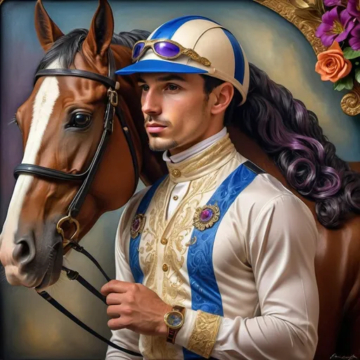 Prompt: A Seven Wonders Art Glass Studio portrait painting of a horse jockey and his horse at the Kentucky Derby.  Renaissance period with Art Deco style attire and style.   a painting honoring Nuit in colors of azure, gold, and purples.