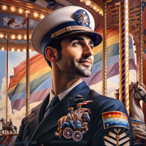 Prompt: (A masterpiece oil painting) of a man in (military uniform), riding the (Carousel of Heroes), vibrant colors highlighting the ornate design of the carousel. The scene is filled with a (nostalgic atmosphere), paying homage to (veterans and active military). Whispering elements of (honor) and (courage) are present, with artistic flourishes emphasizing the essence of (Nuit). The overall feel is (dramatic) and uplifting, portraying both valor and beauty in high definition.