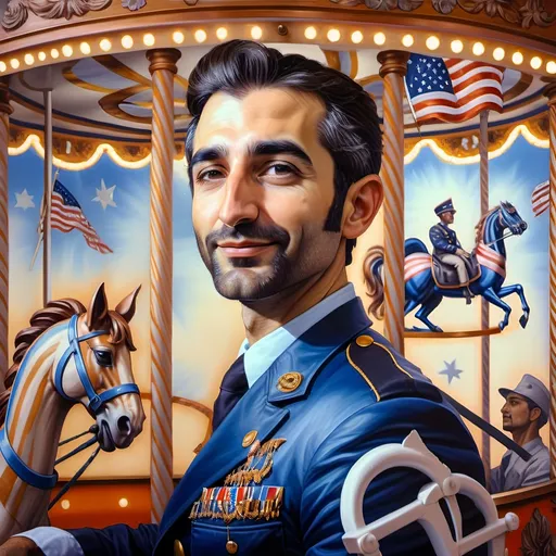 Prompt: (A masterpiece oil painting) of a man in (military uniform), riding the (Carousel of Heroes), vibrant colors highlighting the ornate design of the carousel. The scene is filled with a (nostalgic atmosphere), paying homage to (veterans and active military). Whispering elements of (honor) and (courage) are present, with artistic flourishes emphasizing the essence of (Nuit). The overall feel is (dramatic) and uplifting, portraying both valor and beauty in high definition.