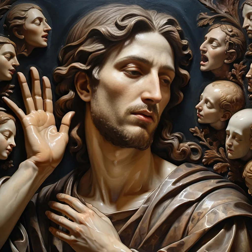 Prompt: (renaissance oil mural), dark color scheme, detailed still life, (close-up) of Adam with porcelain-like cracked face, spiritual themes, God figure, Adam expressing farewell, spirits releasing, dramatic lighting, intricate textures, somber yet profound atmosphere, ethereal elements, ultra-detailed, high quality, deep emotional resonance in depiction.