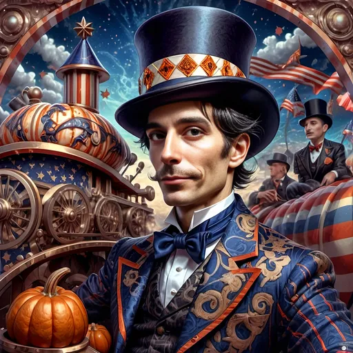 Prompt: art deco style portrait of a (man in a top hat) holding a (pumpkin), (still life) honoring Nuit, (magician), (intense magic) for all hallows eve, (vibrant color scheme), (sky background with clouds), digital painting by (Alejandro Burdisio), (gothic art), (highly detailed), character portrait, (dynamic and whimsical ambiance), (ultra-detailed), (4K).