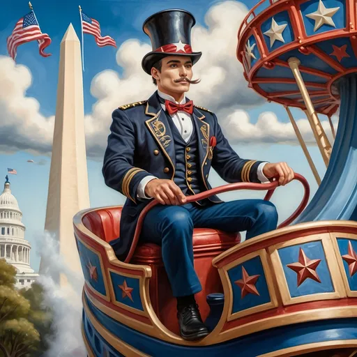 Prompt: (Acrylic painting of a magician man), wearing a (patriotic top hat), joyfully riding a (whimsical rollercoaster) in Liberty Park, with (HD details), vibrant colors, and enchanting motifs. The scene features the (Washington Monument) in the background, as well as the phrase (accurately spelled text "Yankee Doodle"). An aura of celebration and magic surrounds the image, honoring Nuit and the Aeon of Horus.