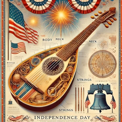 Prompt: (accurately spelled text "Independence Day"), renaissance style, (pastel color scheme), intricate folk art elements, an ornate guitar, a waving flag, explosive, colorful fireworks in the background, captivating and celebratory atmosphere, detailed poster design, ultra-detailed, artistic flair, harmonious composition, vibrant contrasts, vintage artwork vibe.