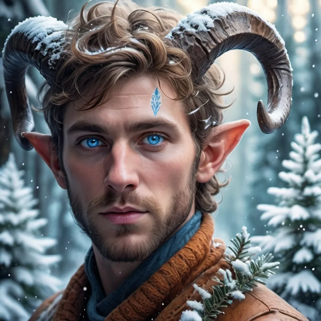 Prompt: Mythical man with horns, (blue eyes), icy snowy forest setting, (fir trees), delicate snowflakes adorning his face, (fantasy art), enchanting atmosphere, deep magical vibe, rugged expression, epic fantasy character design, lush textures, high detail, (ultra-detailed), infused with dramatic color contrasts, ethereal lighting.