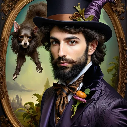 Prompt: (honoring Nuit), moon and stars) captivating handsome man magician, pointed witch hat, facial features highlighted, elegant beard, (renaissance baroque painting style), dark mystical background, rich deep colors with dramatic contrast, elements of Halloween celebration in still life arrangement, enigmatic ambiance, intricate shadows and light, (highly detailed), evoking intrigue and enchantment.