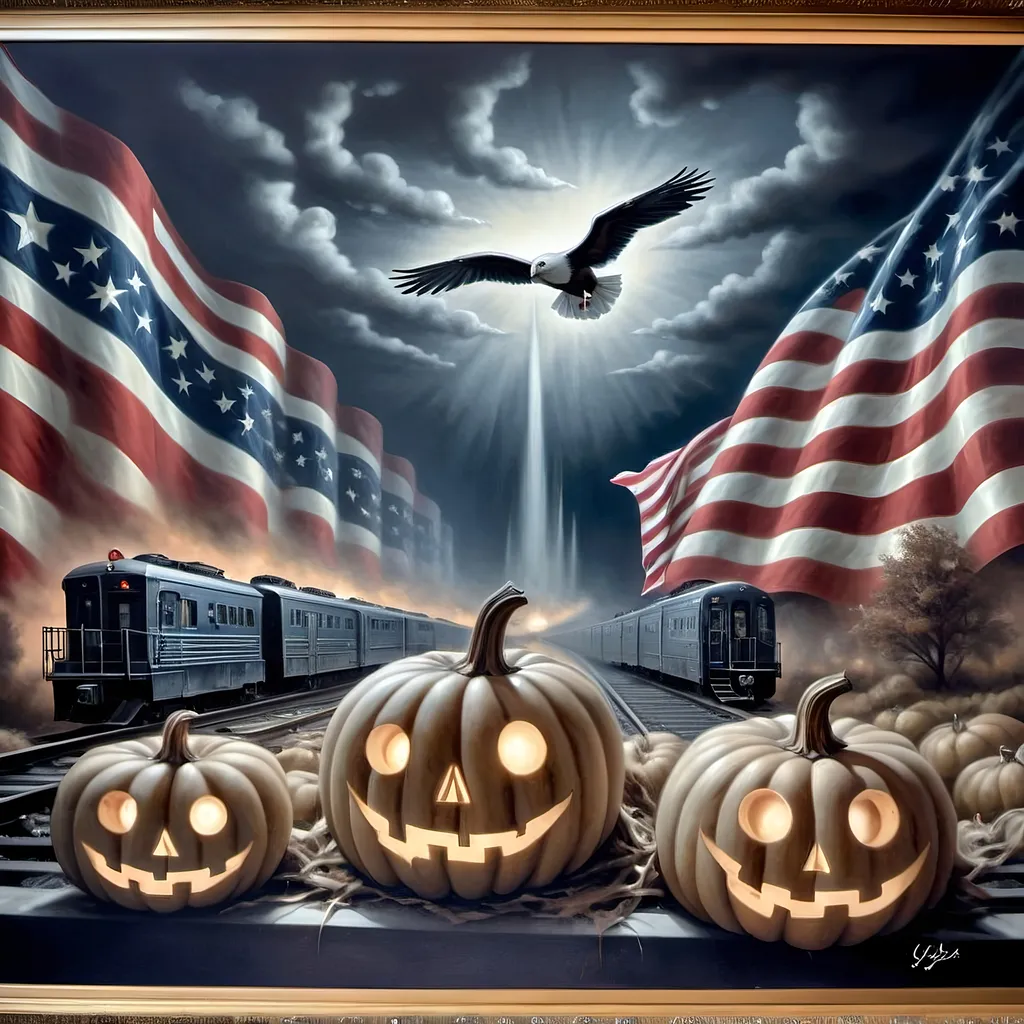 Prompt: (Honoring Nuit), (Union Station, Washington D.C), patriotic Fall Equinox, dark color scheme, psychedelic artstyle, still life composition, pumpkins, a train on the tracks, American flag prominently displayed, rich textures, deep hues of crimson and navy, dramatic lighting, reminiscent of Renaissance and Baroque works, museum quality, ultra-detailed, captivating ambiance of patriotism and nostalgia, exquisite oil on canvas painting.