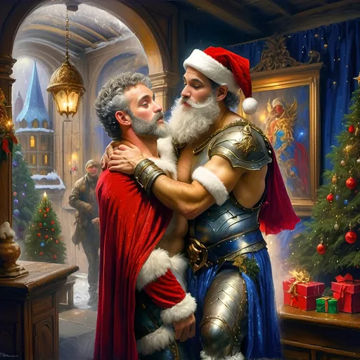 Prompt: An oil on canvas a knight dressed as a santa clause (in honor of Nuit) in a dark city with a light shining on him and a red cape, Ernest William Christmas, antipodeans, epic fantasy character art, concept art