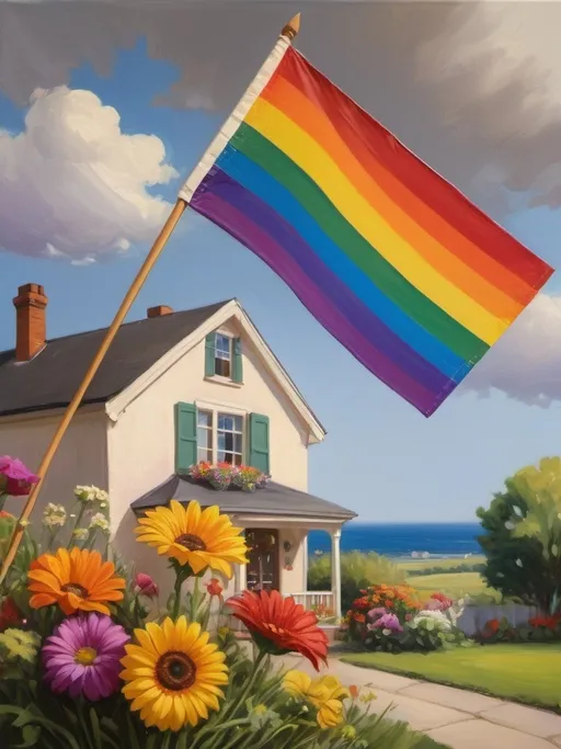 Prompt: Painting an ultrafine museum quality oil on canvas still life a rainbow flag flying in the background of a house and flowers in the foreground, with a house in the background, Anne Rigney, symbolism, summer vibrancy, a tilt shift photo