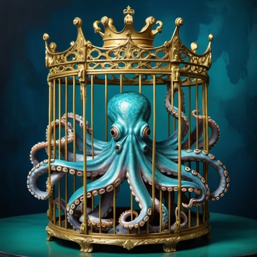 Prompt: (octopus in a cage), (gold crown on top), vibrant blue background, rich green backdrop, surrealist sculpture, infused with quirky elements, Craola’s artistic style, pop surrealism, imaginative atmosphere, captivating and whimsical vibe, highlights of intricate details, ultra-detailed composition, high-quality visual.