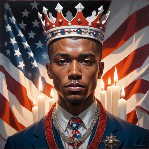 Prompt: (fine art painting), a man adorned with a (majestic crown), a (patriotic flag) draped around his neck, softly flickering (candlelight) in the background, styled in the intricate details of (American Romanticism), inspired by the artistic influences of (Charles Bird King) and (Tristan Eaton), rich color tones, dramatic shadows, captivating character expression, ultra-detailed.