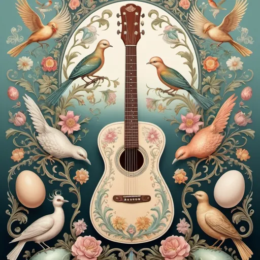 Prompt: (artstyle-renaissance) poster design, (pastel color scheme), centerpiece guitar, surrounded by decorative elements, exquisite eggs, (delicate birds), vibrant flowers, inspired by Ernst Haeckel, rich folk art details, (elaborate) design touches, influences of Flemish Baroque, (elegant composition), soft lighting, (ethereal vibe), ultra-detailed, high quality