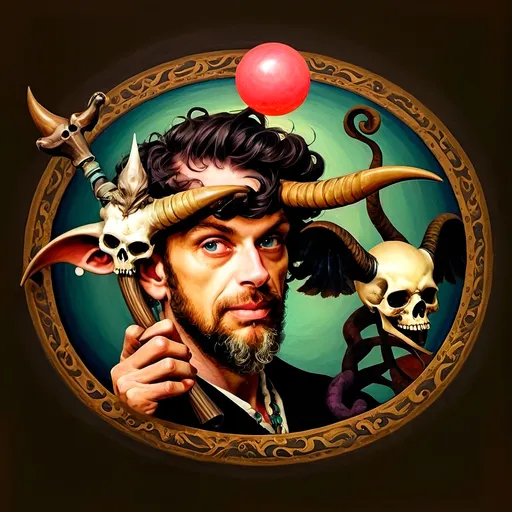 Prompt: (vibrant psychedelic art style), (man magician satyr), (horns), holding a (skull), (crow perched on his shoulder), elegant pose, stylized cane topped with a (skull orb), soft pastel colors, trippy patterns and shapes swirling in the background, surreal atmosphere, high depth and details, (whimsical) mood, capturing a spellbinding and mystical essence, (ultra-detailed) palette and texture.