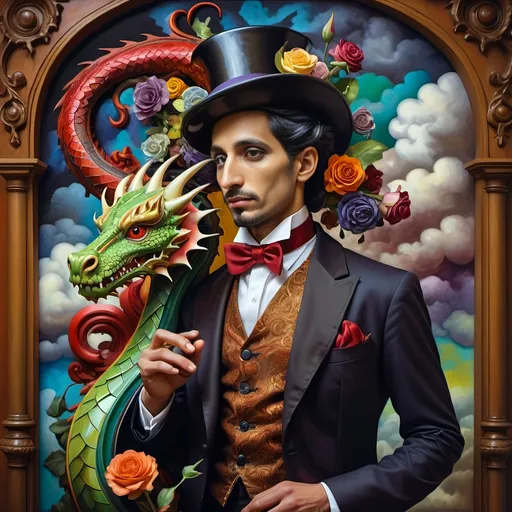 Prompt: (exciting misc-macabre painting), intricate depiction of a magician man  with striking expression, a (dark, ornate dragon) resting on her shoulder, (heavy porcelain and stained glass) accents, a prominent (cross) adorned on her chest, vibrant yet dark floral backdrop, (ominous sky heavy with clouds), rich textured colors, deep shadows, vivid reds, and haunting greens, (4K ultra-detailed) visual masterpiece, captivating atmosphere filled with intrigue and elegance.