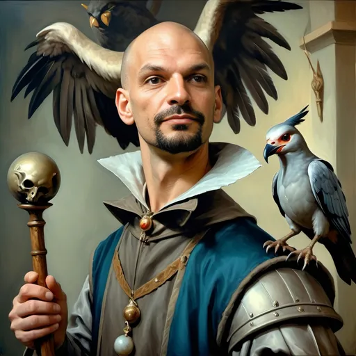 Prompt: A (captivating) oil painting depicting a (mysterious magician) with a (horned head), a (bird perched gracefully on his shoulder), holding a (beautifully crafted cane) and an (orb in his hand), beautifully capturing themes of (fantasy) and (transformation). Character portrait-style, influenced by (Clint Cearley's) signature artistry, with ethereal hues and (vivid detailing) honoring the legendary figures of (Pan and Nuit), set against a dreamy, (surreal background) that evokes wonder.