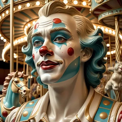 Prompt: (Art Deco style), Carousel of Humanity, a clown on a beautifully ornate carousel, embodying (contentment), serene and peaceful atmosphere, intricate patterns and gold details, cool color scheme with shades of blue and teal, soft lighting creating a soothing ambiance, whimsical yet elegant design, high quality, ultra-detailed image capturing the essence of joy and tranquility.