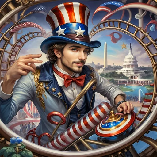 Prompt: (A Seven Wonders Art Glass Studio masterpiece) painting of a man wearing a patriotic hat, (thrilling pose) riding the Freedom rollercoaster, (vibrant colors), scenic background of Freedom Park in D.C., (dynamic movement), celebrating freedom, eternal spark of joy, whimsical ambiance, soft warm lighting, highly detailed, clarity, engaging and joyful atmosphere, surrounded by delighted visitors, landmarks in the distance.