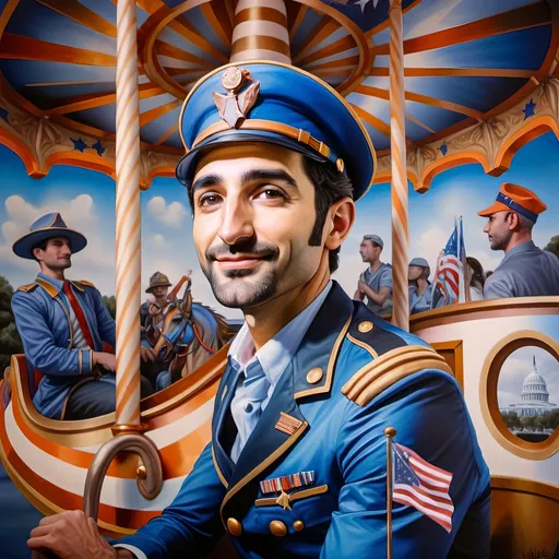 Prompt: (A masterpiece oil painting) of a man in (military uniform), riding the (Carousel of Heroes), vibrant colors highlighting the ornate design of the carousel. The scene is filled with a (nostalgic atmosphere), paying homage to (veterans and active military). Whispering elements of (honor) and (courage) are present, with artistic flourishes emphasizing the essence of (Nuit). The overall feel is (dramatic) and uplifting, portraying both valor and beauty in high definition.