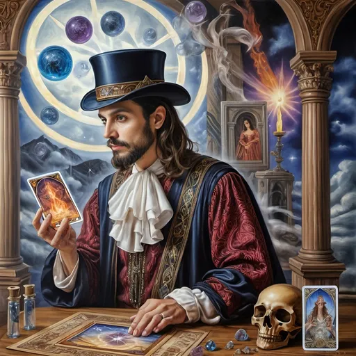 Prompt: Renaissance oil masterpiece.  A Seven Wonders Art Glass Studio oil masterpiece of a magician summoning guidance from High Priestess tarot card reading, art, tarot card, a detailed painting.  Honors Nuit.