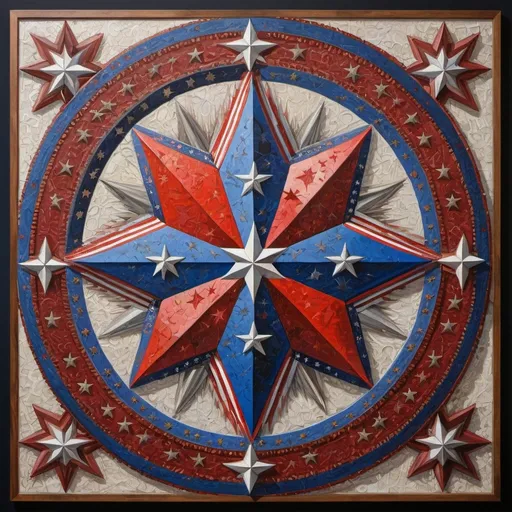 Prompt: (detailed painting), (symbolic star), vibrant colors of the United States, intricate symbols representing America, rich textures, depth in colors, blend of traditional and modern regionalism themes, expressing unity and diversity, profound visual storytelling, captures the essence of American identity, ultra-detailed, a masterpiece celebrating the spirit of the nation.