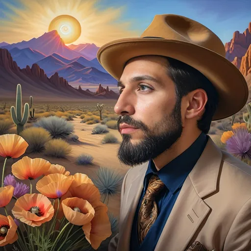 Prompt: A Seven Wonders Art Glass Studio portrait oil painting of a man with a beard in middle of Mojave Desert peak Poppy bloom season. Honoring Nuit