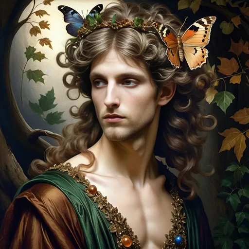 Prompt: (Honoring Nuit, Autumn Equinox), (Renaissance style), woman depicted as nature, flowing dress, butterfly in hair, rich and dark color palette, lush foliage backdrop, mood of serenity and mystery, intricate details in hair and dress, soft chiaroscuro lighting, evocative atmosphere, ultra-detailed, masterful composition, capturing the essence of autumn transition.