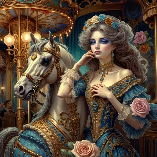 Prompt: Art Nouveau Carousel scene, (elegant woman with horse), (vibrant roses), soft pastel color scheme, (hues of gold and azure), romantic and whimsical atmosphere, detailed decorative elements, intricate designs, enchanting background featuring the (beautiful carousel), ethereal lighting, showcasing the beauty of Nuit, (ultra-detailed, 4K), dreamlike imagery blending nature and artistry.