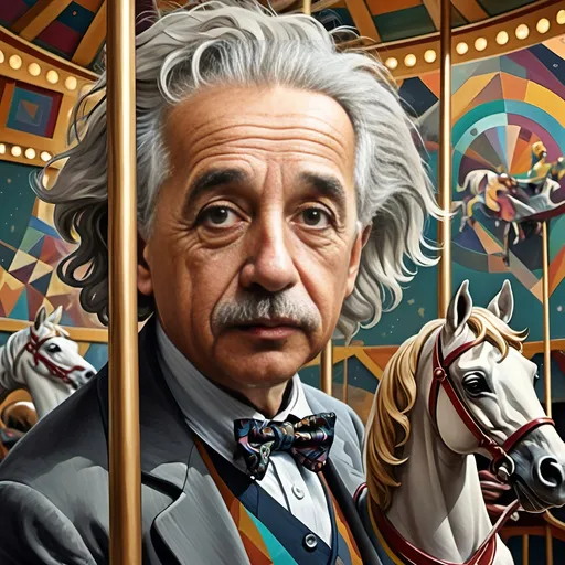 Prompt: Carousel of Science, (vibrant art deco style), (highly detailed) digital painting, Albert Einstein on a carousel, horse riding in front, intricate chalkboard in the background, colorful geometric patterns, dynamic composition, sharp lines, depth in shadows and highlights, ultra-fine details, captivating atmosphere, visually striking, evoking curiosity and wonder, HD quality.