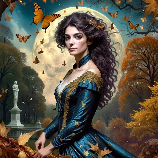 Prompt: (Honoring Nuit, Autumn Equinox), (Renaissance style), woman depicted as nature, flowing dress, butterfly in hair, rich and dark color palette, lush foliage backdrop, mood of serenity and mystery, intricate details in hair and dress, soft chiaroscuro lighting, evocative atmosphere, ultra-detailed, masterful composition, capturing the essence of autumn transition.