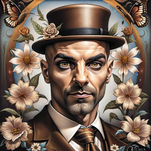 Prompt: A Seven Wonders Art Glass Studio oil masterpiece painting of a goat with a top hat and flowers on its head and a butterfly honoring Nuit.  Commissioned Spring Equinox 1467 Renaissance pop surrealism, pj crook, a detailed painting