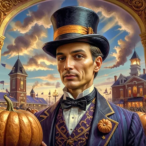 Prompt: art deco style portrait of a (man in a top hat) holding a (pumpkin), (still life) honoring Nuit, (magician), (intense magic) for all hallows eve, (vibrant color scheme), (sky background with clouds), digital painting by (Alejandro Burdisio), (gothic art), (highly detailed), character portrait, (dynamic and whimsical ambiance), (ultra-detailed), (4K).