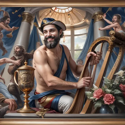 Prompt: (honoring Nuit) oil painting, (Ditlev Blunck style), neoclassical aesthetics, classical painting, flemish Baroque influence, a man with a beard holding a harp, a cup of wine, a golden cup beside him, capturing a mortal honoring the God Pan, rich colors, warm lighting, stunning detail, ethereal ambiance, 4K, ultra-detailed masterpiece, surrounded by a serene, heavenly setting.