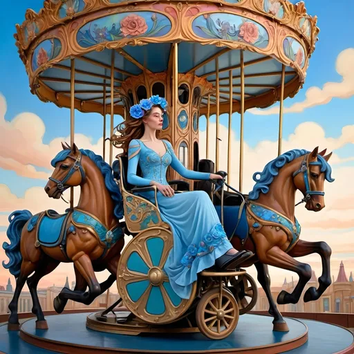 Prompt: Carousel of Diversity, (art nouveau style), (vibrant color scheme), a woman in a wheelchair joyously riding a beautifully crafted carousel with ornate horses, (blue flower in her hair), (Caroline Chariot-Dayez), figurative art, dystopian elements blending with art deco sculpture, whimsical yet haunting ambiance, richly detailed background with whimsical flowers and muted sky illuminating with warm tones, (ultra-detailed).