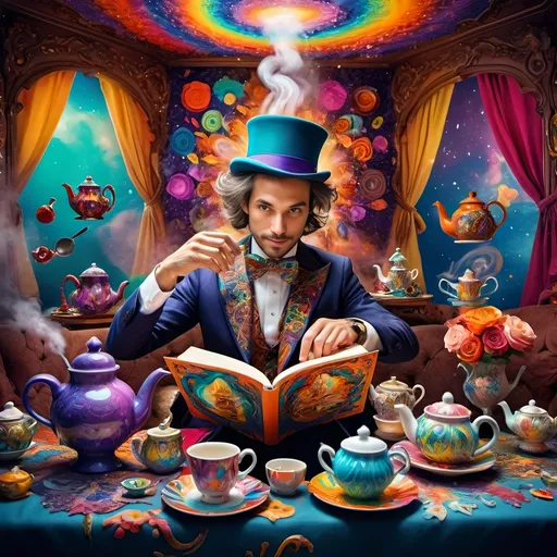 Prompt: (psychedelic still life portrait), vibrant colors, (magician jack-in-the-box man), whimsical tea party ambience, enchanting teapots, magical items animated around him, open book in front, dreamy and surreal atmosphere, intricate details, flowing patterns, mesmerizing depth, an explosion of colors, high-definition masterpiece, captivating and playful vibe.