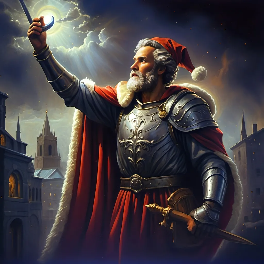 Prompt: An oil on canvas a knight dressed as a santa clause (in honor of Nuit) in a dark city with a light shining on him and a red cape, Ernest William Christmas, antipodeans, epic fantasy character art, concept art