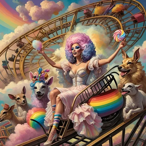 Prompt: (honoring nuit), a mesmerizing painting of colorful drag queens exuding joy and fabulousness while riding a roller coaster, vibrant (rainbow) painted on the side, a whimsical ferris wheel creating a festive atmosphere in the background, whimsical cotton candy clouds, (dynamic movement), warm pastel colors enhancing the lively scene, ultra-detailed, high-quality artwork capturing a celebratory ambiance.