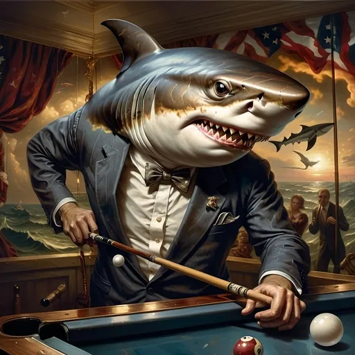 Prompt: (shark in a suit playing pool), (pool cue and ball in front), F. Scott Hess style, pop surrealism, classical painting, (younger and bolder color tones), (highly detailed), dreamy ambiance, intricate textures and reflections, juxtaposition of elegance and playfulness, fine art masterpiece, inspired by 7 Wonders Art Glass Studio, honoring Nuit, ultra-detailed, 4K.