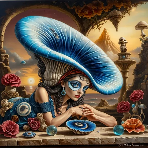 Prompt: (7 Wonders Art Glass Studio masterpiece), oil painting, (honoring Nuit), magical mushroom, (vibrant blue shell), (striking blue eye), Eye of Horus, rich textures, dreamy atmosphere, whimsical background, stars and cosmic elements, (ethereal lighting), enchanting details, high-quality, ultra-detailed composition, surreal and imaginative style.