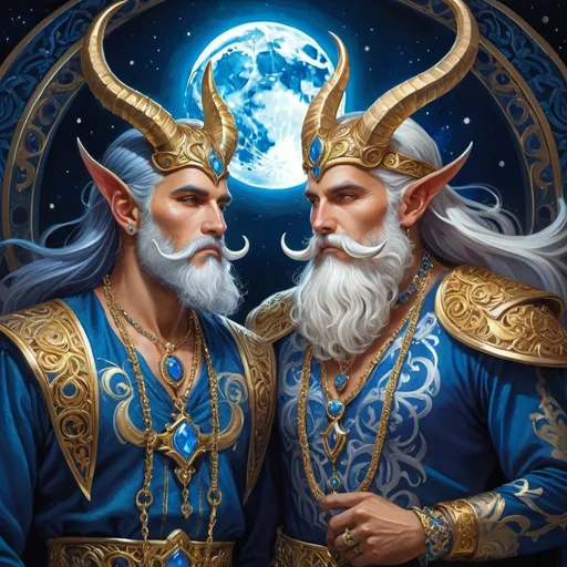 Prompt: (fantasy artwork) two men in ornate costumes with (bold horns), one with a (flowing white beard), the other adorned with a (blue and gold necklace), (intricate designs) illuminated by a luminous moon in the background, rich details and vibrant colors, (dynamic lighting), perfect for an album cover, (highly detailed) and visually captivating, in the style of Anne Stokes.