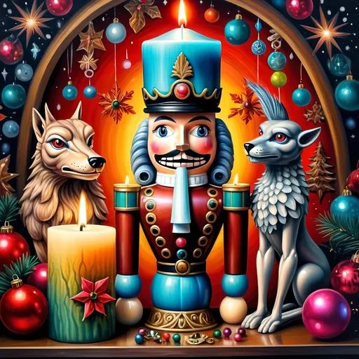 Prompt: (nutcracker), (candle and candle holder), surrounded by (Christmas decorations), (psychedelic art style), (vibrant color scheme), (extremely detailed), (oil painting), (airbrush painting), inspired by (Anne Stokes), (pop surrealism), dynamic patterns and textures, warm and festive ambiance, high-quality artistry, rich hues melding into each other, whimsical elements drawing viewers in, enchanting holiday spirit, magical atmosphere.