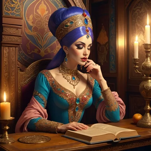 Prompt: (Altoon Sultan inspired art), (Qajar style), (Elegant Art Nouveau), a thoughtful genie drag queen with a beard, seated gracefully at a beautifully crafted wooden table, intricately detailed, an ancient book lying open, a flickering candle casting warm light, enchanting atmosphere, dreamy ambiance, vivid and rich colors, high detail, 4K, exquisite textures, an air of mystery and depth.