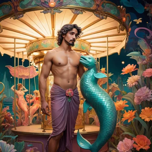 Prompt: ((art nouveau style)), (vibrant color scheme), Latino merman standing gracefully, illuminated carousel beside him, surrounded by whimsical flora, softly glowing lights, (whimsical atmosphere), rich and deep colors, influenced by ethereal and magical vibe, ultra-detailed painting, captivating fantasy artwork, immersive scene, dreamlike ambience, enchanting characters, flowing fabrics, swirling motion, surreal elements, magical realism, soft pastel hues mingling with bold colors.